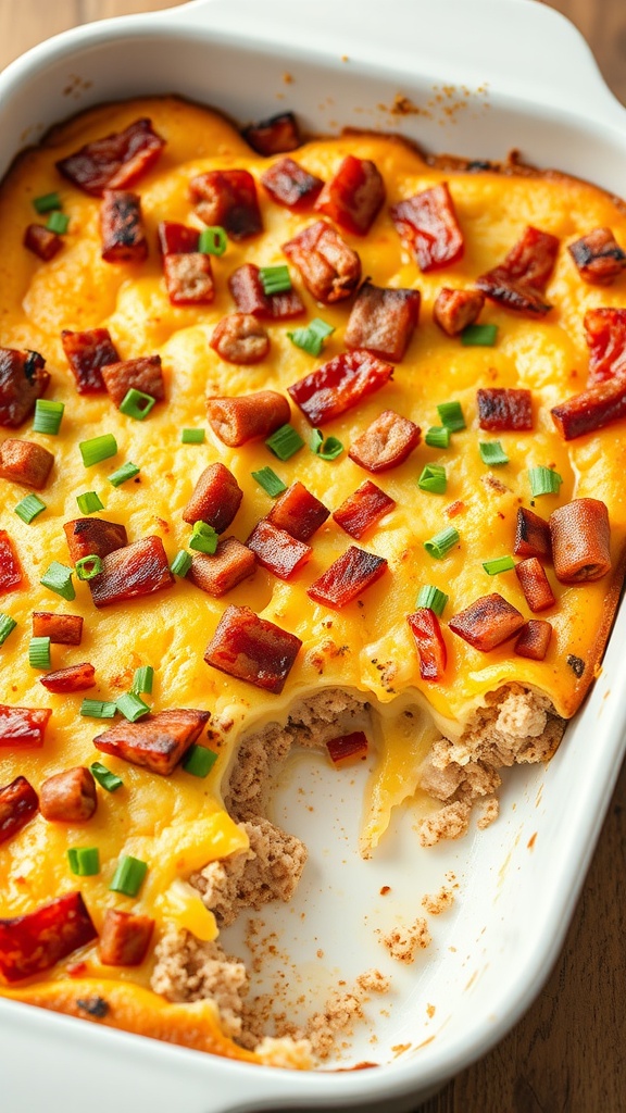 A delicious bacon and sausage breakfast casserole topped with green onions.