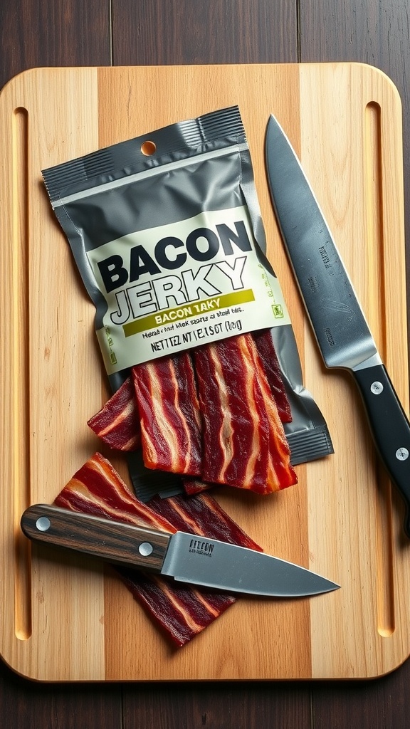 A package of bacon jerky with slices of bacon on a wooden cutting board next to a knife.