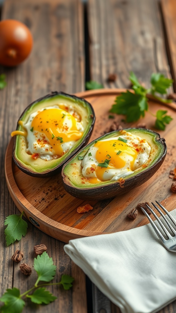 Baked avocado eggs served on a wooden plate with herbs and spices.