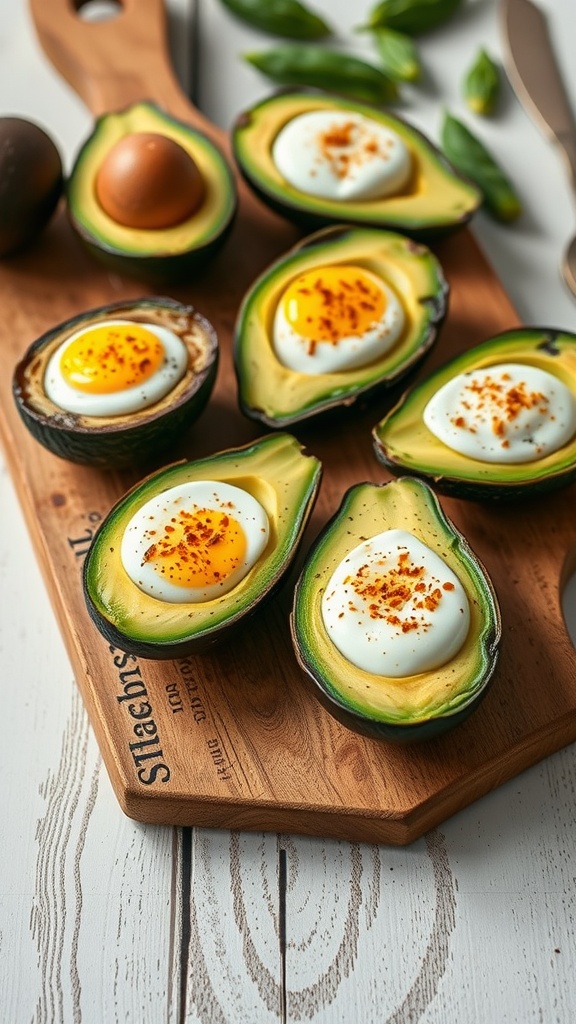 Baked avocado halves with eggs and seasoning on a wooden board