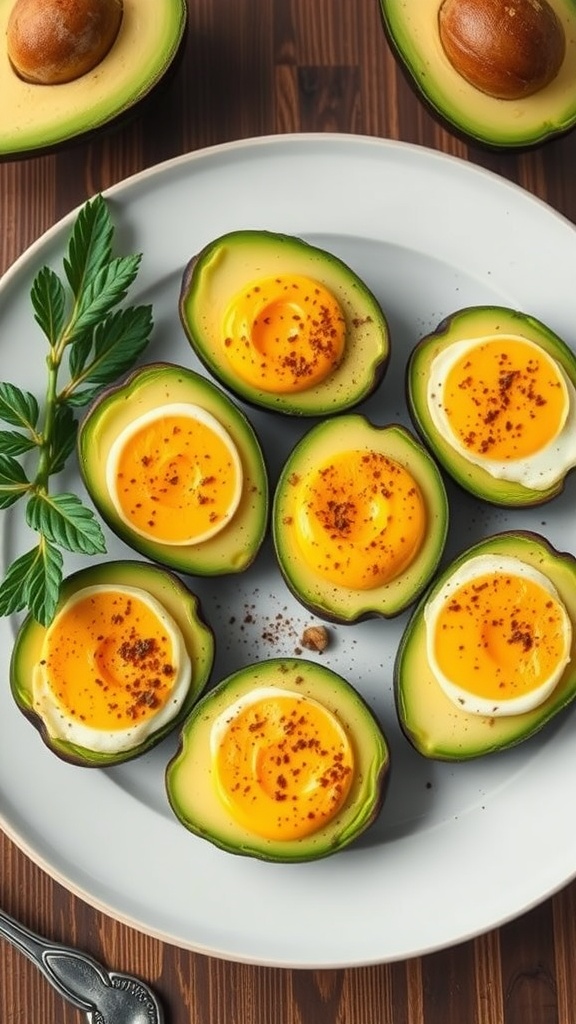 A plate of baked avocado eggs, featuring baked eggs nestled in avocado halves, garnished with spices and herbs.