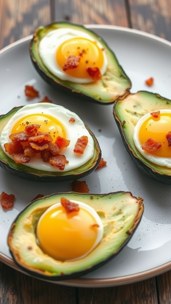 Baked avocado eggs topped with bacon crumbles on a plate