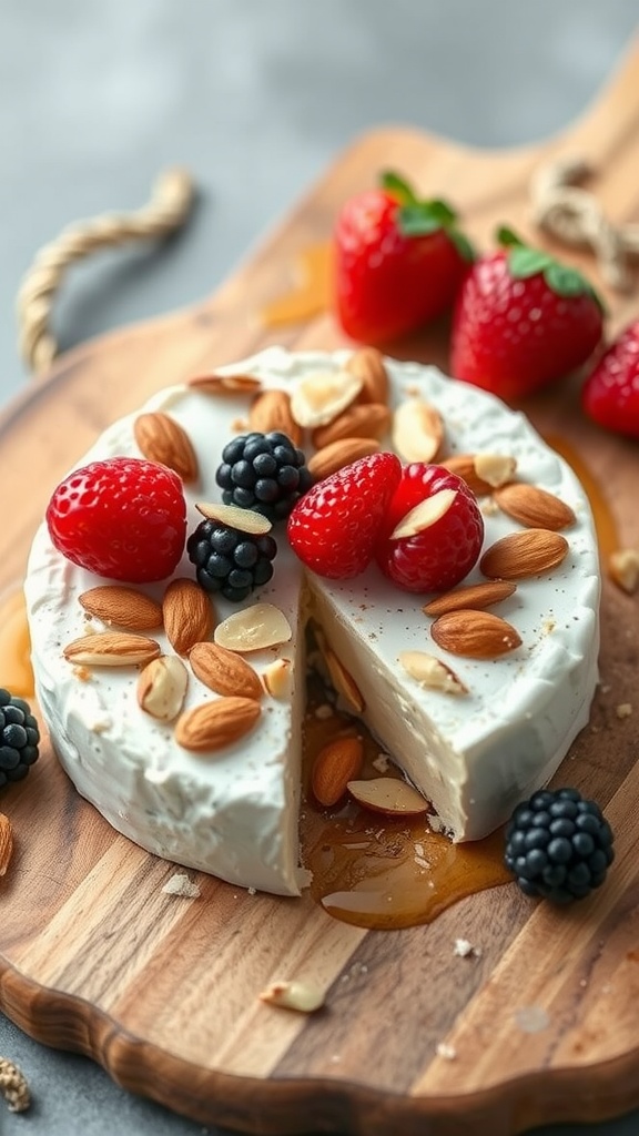 A round baked brie topped with almonds and fresh berries on a wooden board.