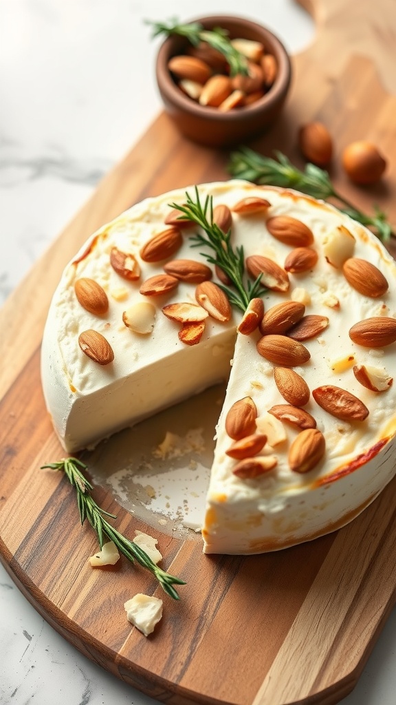 Baked brie cheese topped with almonds and rosemary on a wooden platter.