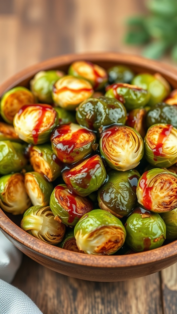 Baked Brussels sprouts with balsamic glaze in a bowl, ready to be served.