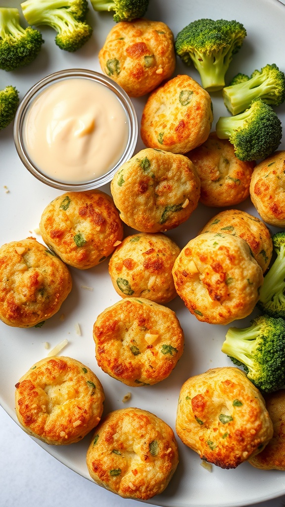 A plate of baked cheddar and broccoli bites with a small bowl of dipping sauce and fresh broccoli.