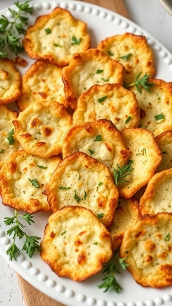 A plate of baked cheese and herb crisps garnished with parsley.