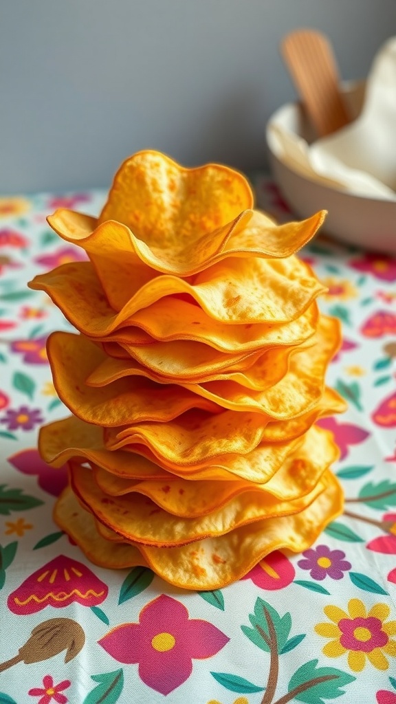 A stack of golden baked cheese crisps on a colorful floral tablecloth.