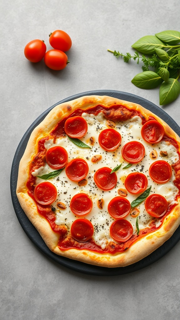 A pizza topped with pepperoni, mozzarella cheese, and fresh basil on a gray surface.