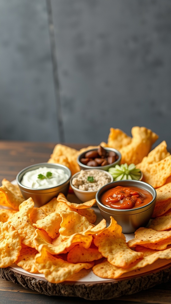 A platter of baked cheese crisps served with various dips in small bowls.