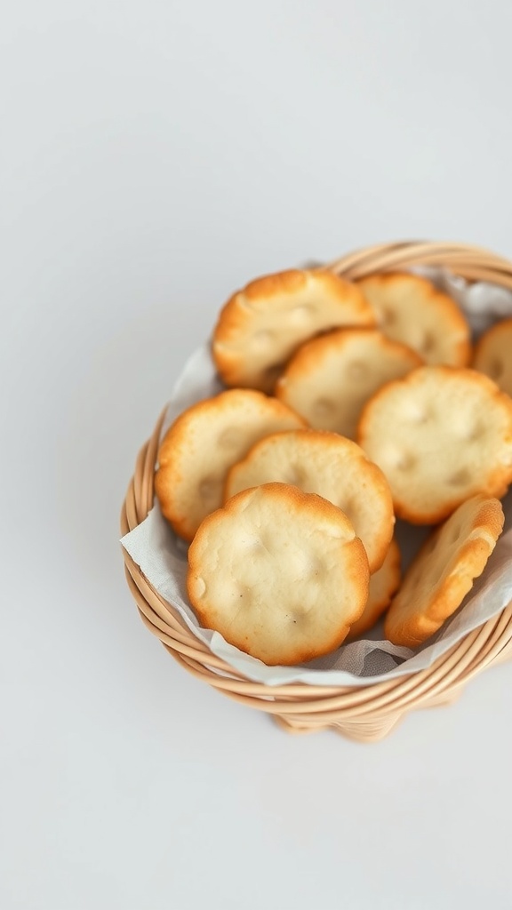 A basket filled with baked cheese wafers.