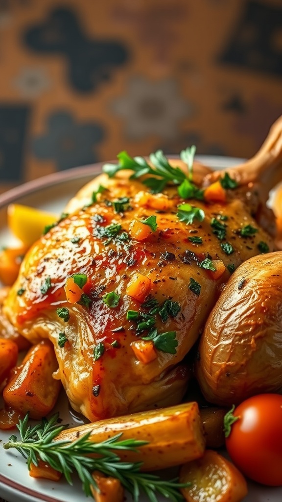 Baked chicken thighs garnished with herbs and served with roasted vegetables.