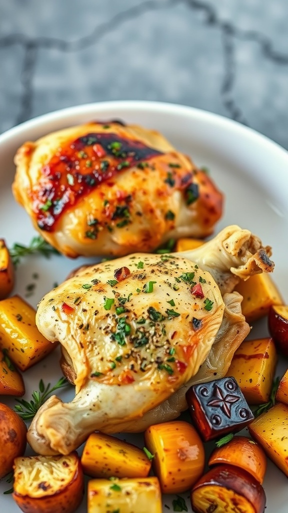 Baked chicken thighs with Italian herbs served with roasted vegetables