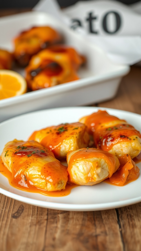 Plate of baked chicken with orange sauce, garnished with herbs and served alongside lemon slices.