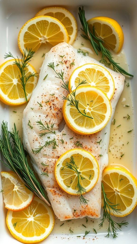 Baked cod topped with lemon slices and dill sprigs