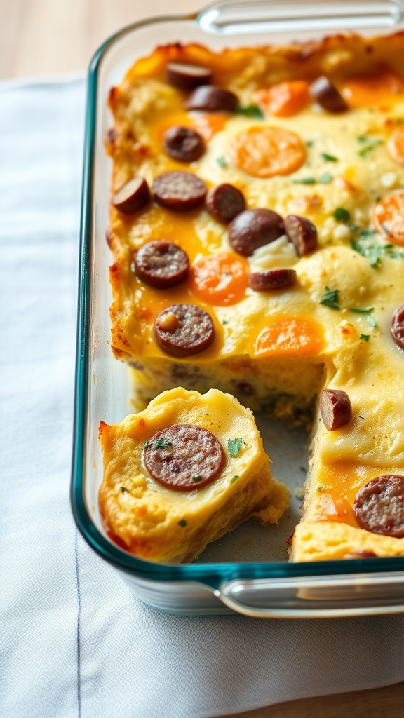 A close-up of a baked egg and sausage casserole in a glass dish, showing slices of sausage and carrots.