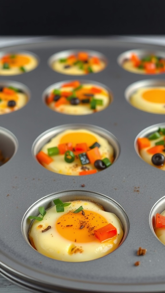 Baked egg cups with veggies in a muffin tin.