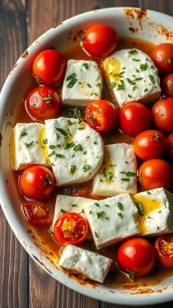 A dish of baked feta cheese and cherry tomatoes, garnished with herbs and olive oil.