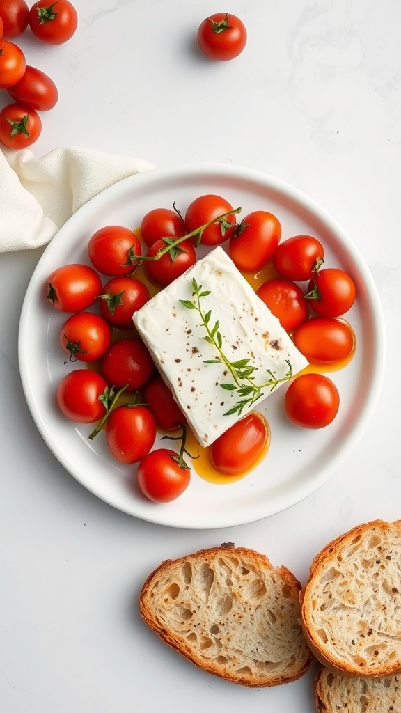 A plate with baked feta cheese surrounded by cherry tomatoes