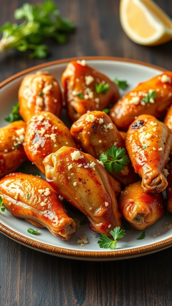 A plate of baked garlic parmesan chicken wings garnished with herbs.