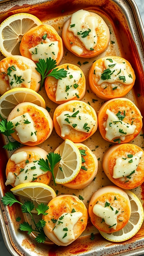 Baked garlic parmesan scallops in a dish with lemon slices and herbs