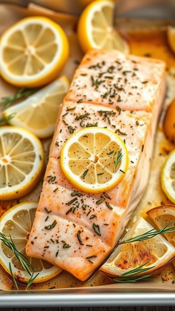 A piece of salmon garnished with lemon slices and herbs, ready to be baked.