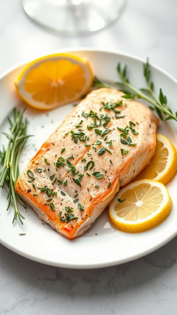 A plate of baked salmon garnished with herbs and lemon slices.