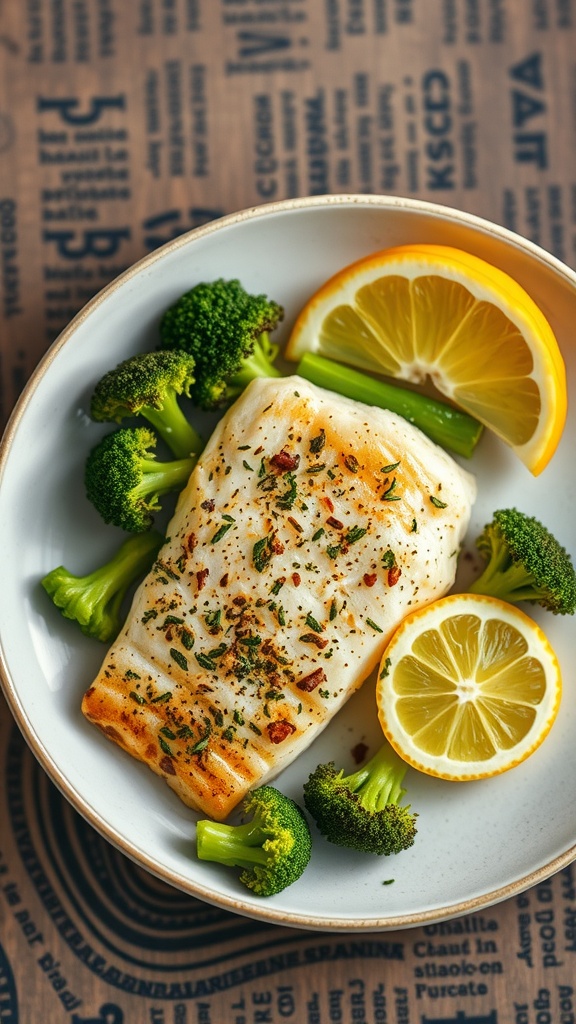 Baked tilapia with lemon slices and broccoli on a plate