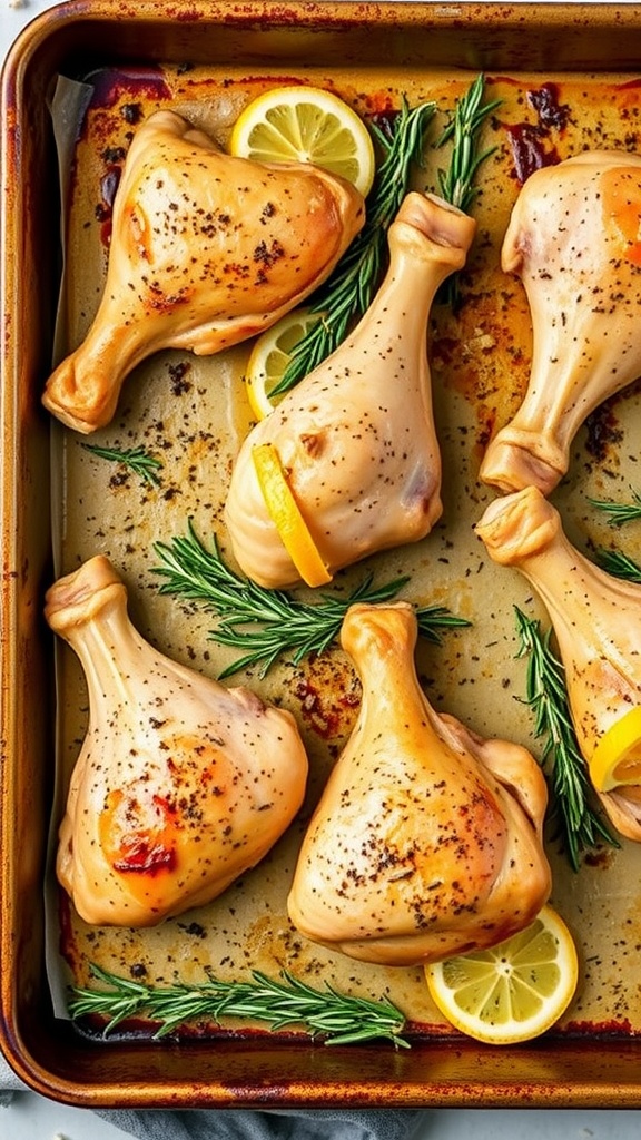 Baked lemon rosemary chicken drumsticks garnished with lemon slices and rosemary