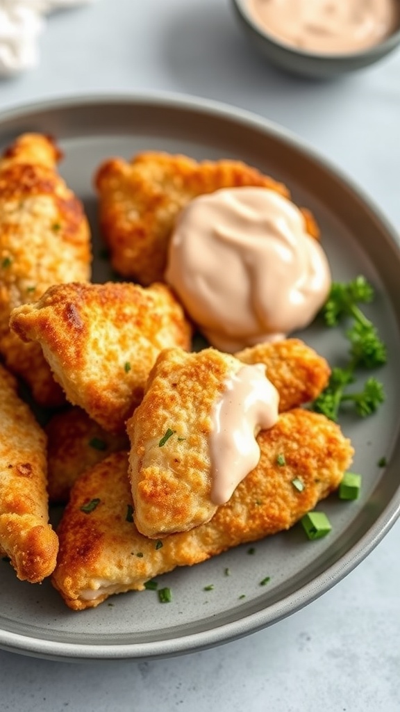 A plate of baked parmesan chicken tenders with a creamy dipping sauce on the side.