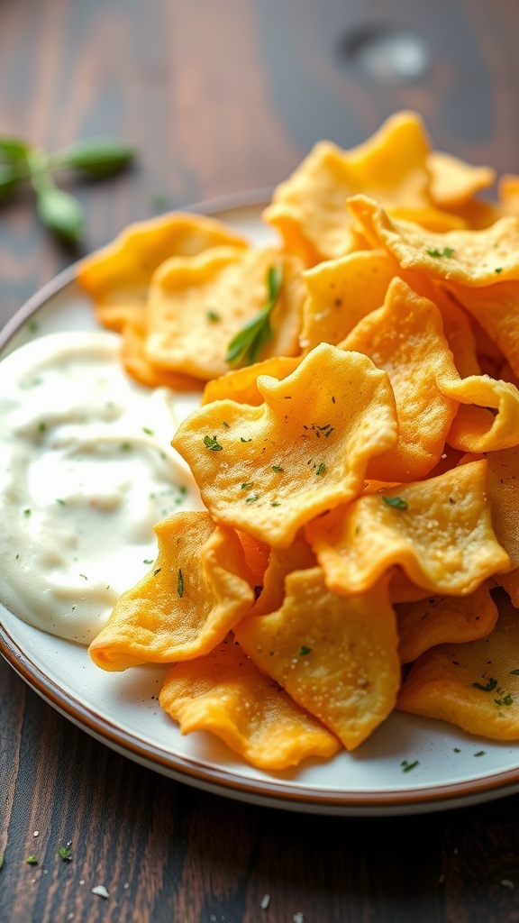 A plate of baked Parmesan crisps served with a creamy dip.