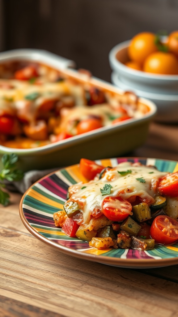 A vibrant plate of baked ratatouille with cheese, featuring colorful vegetables and melted cheese.