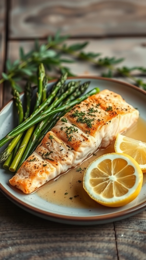 A plate of baked salmon with asparagus and lemon slices.