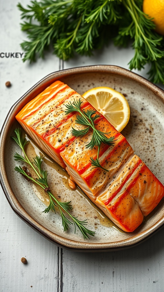 A beautifully baked salmon fillet garnished with dill and lemon on a plate.