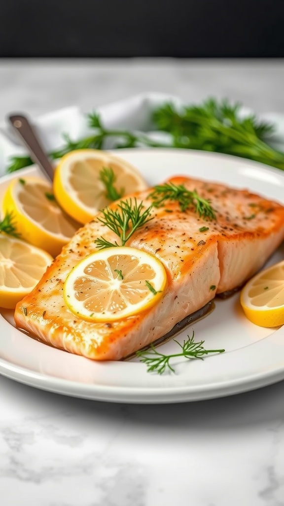 A delicious baked salmon fillet garnished with lemon slices and dill on a white plate.