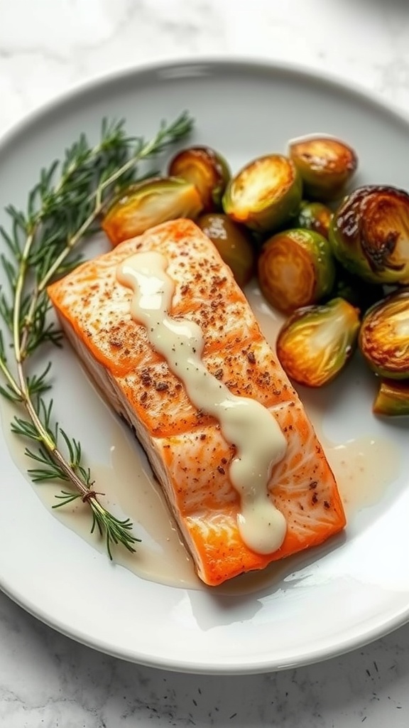 Baked salmon with dill sauce served with roasted Brussels sprouts and herbs.