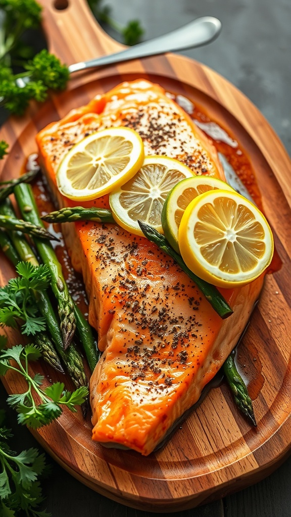 Baked salmon with lemon slices and asparagus on a wooden platter.