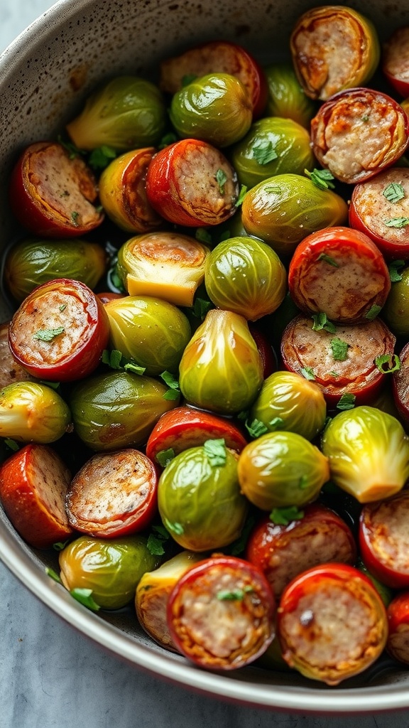 A bowl filled with Brussels sprouts and sliced sausage, glazed with balsamic dressing.