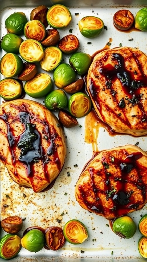 Balsamic glazed pork chops with Brussels sprouts on a sheet pan.