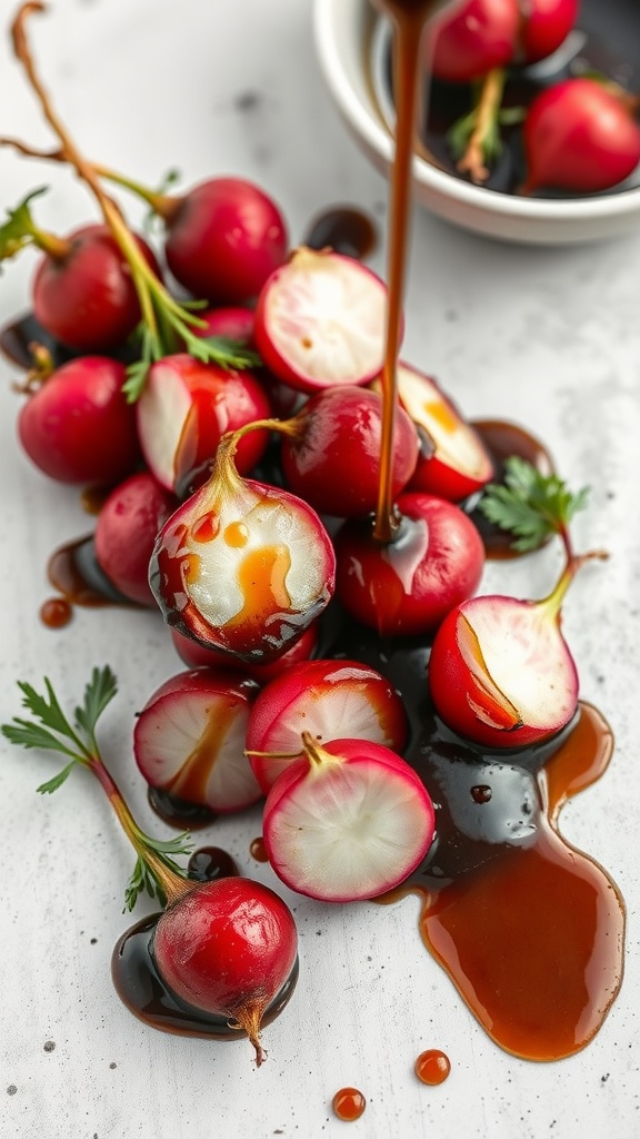 Balsamic glazed roasted radishes on a white surface.