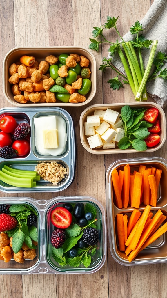 A variety of meal prep containers filled with healthy snacks and vegetables