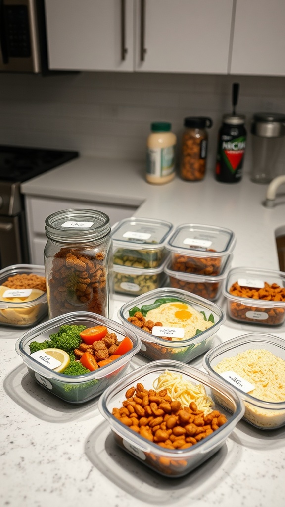 Various meal prep containers filled with healthy keto foods on a kitchen counter.