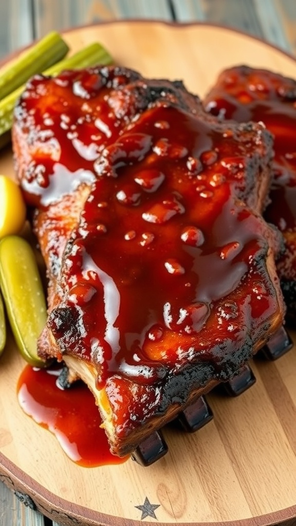 Delicious BBQ pork ribs topped with sugar-free sauce and served with pickles.