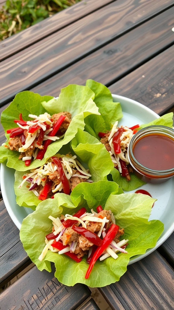 BBQ pulled pork served in lettuce wraps with vegetables and sauce