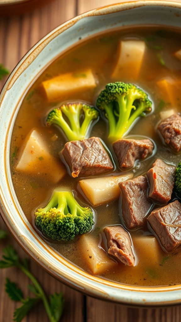 A bowl of Beef and Broccoli Soup with chunks of beef and bright green broccoli in a savory broth.