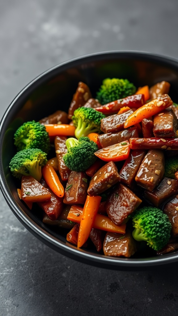 A delicious beef and broccoli stir-fry in a black bowl, featuring colorful bell peppers and broccoli.