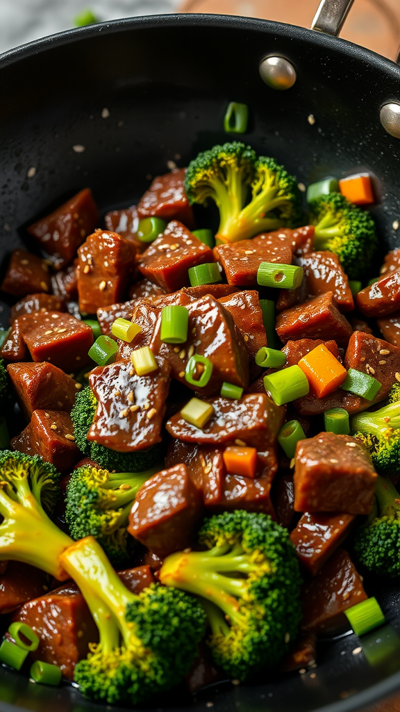 A delicious beef and broccoli stir-fry in a skillet.