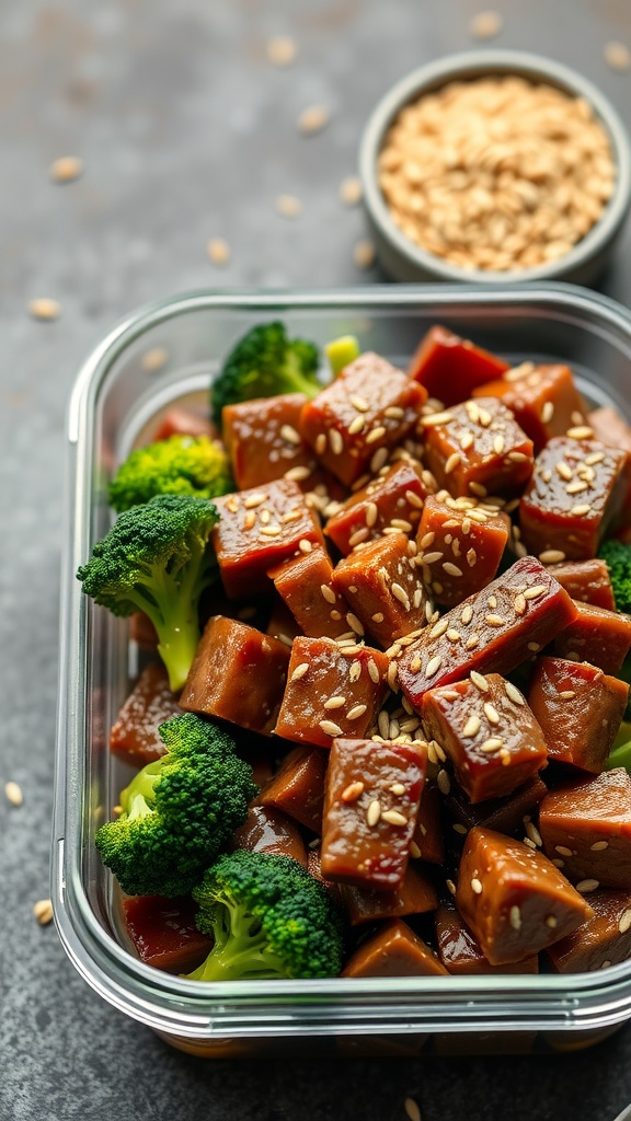 Beef and broccoli stir-fry in a glass container with sesame seeds on top.