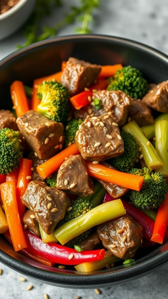 A bowl of beef and broccoli stir-fry with colorful vegetables.