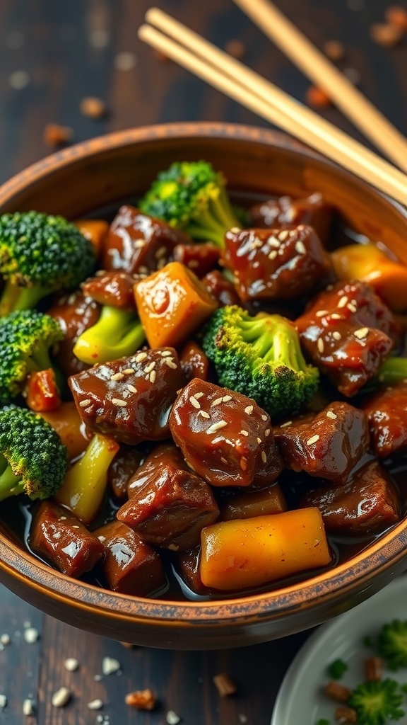 A delicious bowl of beef and broccoli stir-fry with vibrant vegetables.